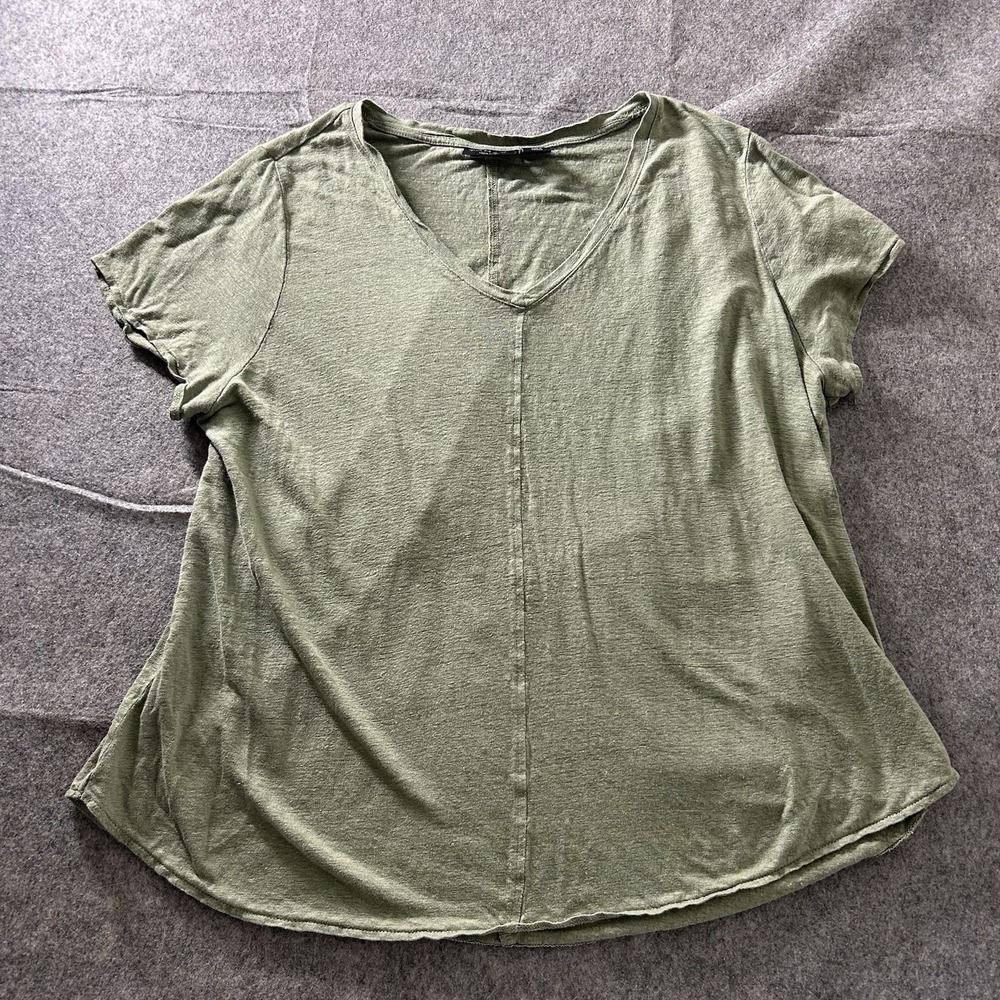 Tahari Shirt Womens 2X 100% Linen Green V-Neck Lightweight Tee